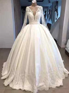 Modest Long Sleeve Ball Gown Wedding Dresses V Neck Backless Illusion Bridal - Picture 1 of 6