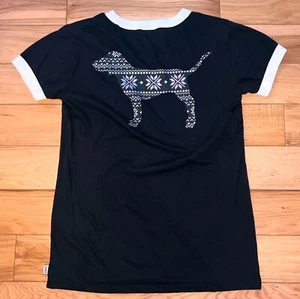 Victoria Secret PINK Short Sleeve Black T-Shirt Iridescent Dog Logo Tee S - Picture 1 of 4