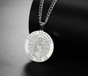 Mens San St Saint Raphael Medal Round Pendant Necklace Stainless Steel - Imagen 1 de 3