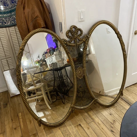 Antique Vintage Mid Century Hollywood Regency Double Oval Gold Gilt Mirror MInt Cover