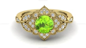 Bridal Statement Fine Birthday Ring 14ct Yellow Gold Peridot Diamond Gemstone - Picture 1 of 5