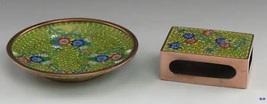 Early 1900's Chinese Cloisonné Enamel Brass Matchstick Ashtray Smoking Set - Picture 1 of 10