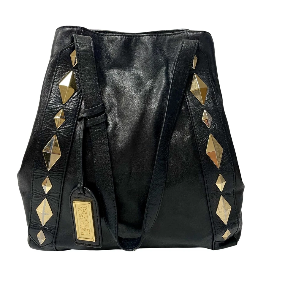 Badgley Mischka Black Leather CHIC SHOPPER Hand Bag Gold ARGYLE STUDDED Purse - Image 1 of 4