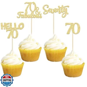 Gyufise 24 Stück Gold Glitzer 70. Geburtstag Cupcake Topper Hello 70 Seventy Cak - Bild 1 von 5