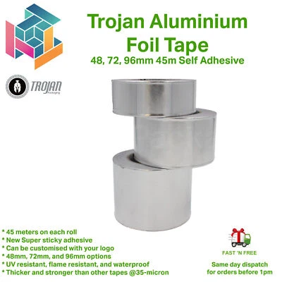 Aluminium Foil Tape Rolls 48/72/96mm x 45m Heat Insulation Self Adhesive Duct - Image 1 of 4