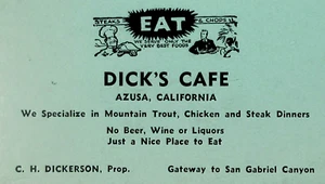 Vintage Restaurant Dick's Cafe Visitenkarte Forellensteaks kein Bier Azusa ca 1930er - Bild 1 von 5