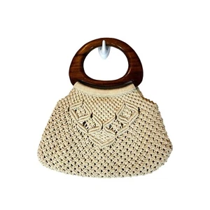 Mister Ernest Vintage Crochet Cream Handbag Purse Wood Handle - Picture 1 of 3