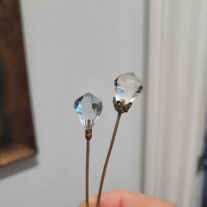 Antique Hat pins pair clear and baby blue glass faceted pretty collectible rare - Picture 1 of 8