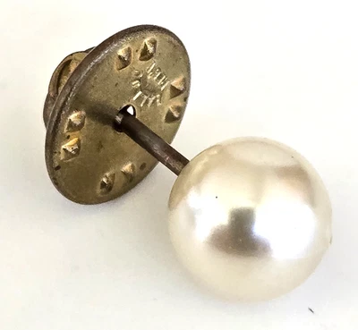 Vintage Faux Pearl Tie Tack Pin 3/8" Brass Tone Metal - Image 1 of 4