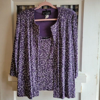 Alex Evenings 女式紫色黑色白色花卉夹克和背心吊带 XL 码 — 第 1/4 张图片