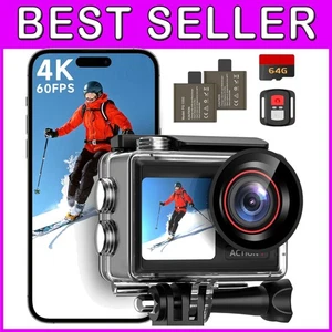 30MP 4K60FPS Waterproof Action Camera w/ 5X Zoom & WiFi Remote - 64GB Included - Picture 1 of 9