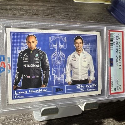 2021 Topps Formula 1 L. Hamilton/T. Wolff Debrief PSA 10 GEM MT Pop 1 - Image 1 of 2