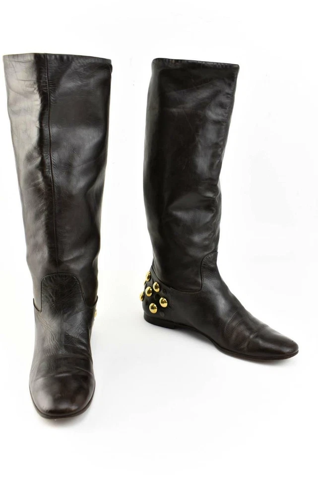 GUCCI:棕色皮革和金色镶嵌高摩托靴,尺寸:6.5M — 第 1/4 张图片