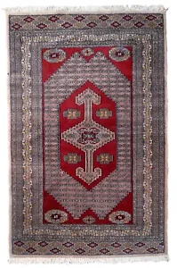 Handmade vintage Uzbek Bukhara rug 3.2' x 5.1' (98cm x 156cm) 1970s - 1C945 - Picture 1 of 11