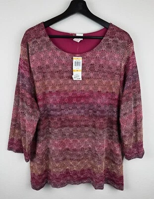 JM Collection Top Womens Size 3X Pink 3/4 Sleeve Artsy Metallic Open Knit NWT - Image 1 of 4