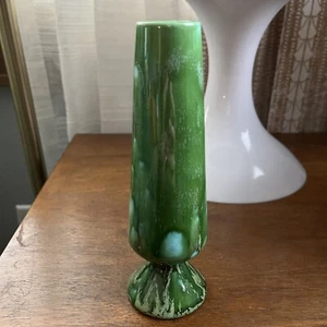 Vintage Ceramic 6” Bud Vase Drip Glazed Green Turquoise Speckled Splatter - Picture 1 of 9