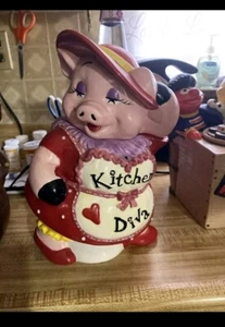 Küche Keksdose Keramik Diva Schwein Quecksilber Vintage rot Hut Deckel Hand - Bild 1 von 3