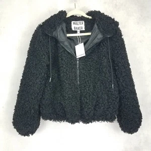 NEU Walter Baker Größe M Amanda flauschige Jacke in Schwarz Kapuze Neu mit Etikett $ 398 - Bild 1 von 10