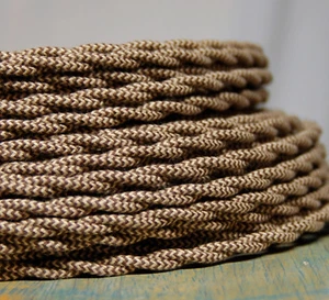 Alambre trenzado cubierto de tela - patrón marrón / bronceado, cable de lámpara de tela de estilo vintage - Imagen 1 de 9