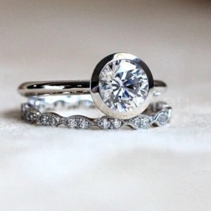 1ct Round Cut Moissanite  Bezel Set Solitaire Bridal Set 14k White Gold Plated - Picture 1 of 6