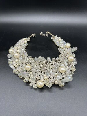 Statement Bib Wire Wrap Necklace Aurora Borealis Glass Bead Faux Pearl by Manouk - Image 1 of 4