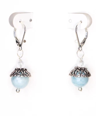 Pendientes con cierre de palanca de plata de ley 925 con piedras preciosas de bola azul aguamarina de 10 mm 1,50" Foto 1 de 4