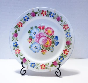 Plate 10” Multicolored Floral Design Ceramic White Background Blue Edging Vtg - Picture 1 of 3