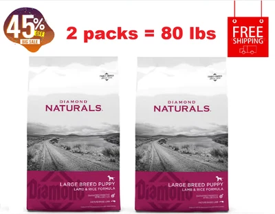 2 pacotes - Diamond Naturals Filhote de Raça Grande Fórmula de Cordeiro e Arroz Ração Seca para Cachorro - Imagem 1 de 4