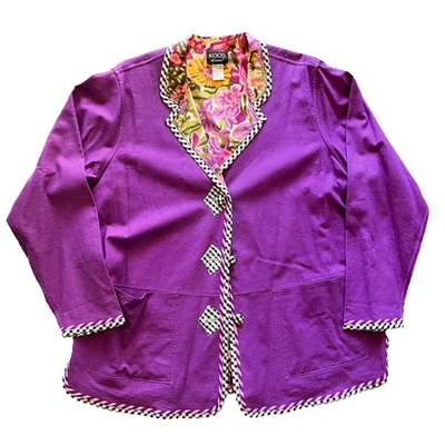 Koos of Course Purple w Black White Linen Rayon Reversible Floral Jacket Sz 1X - Image 1 of 4