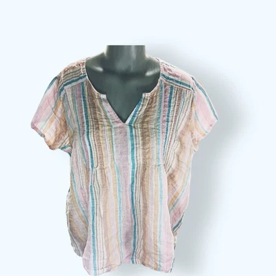C&C California 100% Linen Top Size XL Pullover Rainbow Strip Boho Festival Comfy - Image 1 of 4