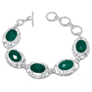 Green Faceted Onyx Gemstone Handmade 925 Sterling Silver Bracelet 7-8" - Picture 1 of 1