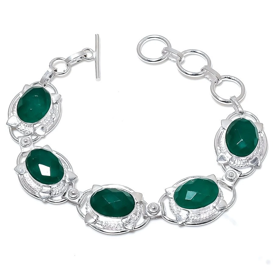 Green Faceted Onyx Gemstone Handmade 925 Sterling Silver Bracelet 7-8" - Image 1 of 1