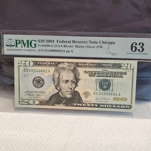 US $20 Federal Reserve Note 2004 Fr#2090-G VERY,VERY LOW S/N St. Louis PMG 63 - Picture 1 of 4