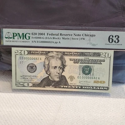 US $20 Federal Reserve Note 2004 Fr#2090-G VERY,VERY LOW S/N St. Louis PMG 63 - Image 1 of 4