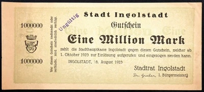 INGOLSTADT 1923 XX-RARE SPECIMEN! 1 Million Mark Inflation Notgeld Banknote - Image 1 of 2