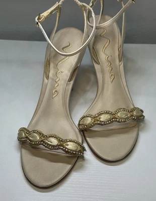 Tacones Nina para mujer 8M beige dorado estrás cuero genuino punta abierta ajustable Foto 1 de 4