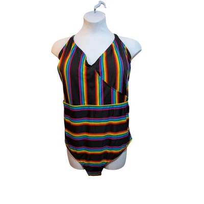 Torrid 5X Black Rainbow Stripe Swimsuit One Piece Criss Cross Back Colorful - Image 1 of 4