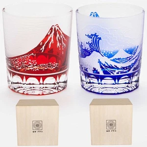 Kiriko Glass, Mt. Fuji Glass, Rocks Glass 260cc 2pieces Red Blue LUGUFON - Picture 1 of 7