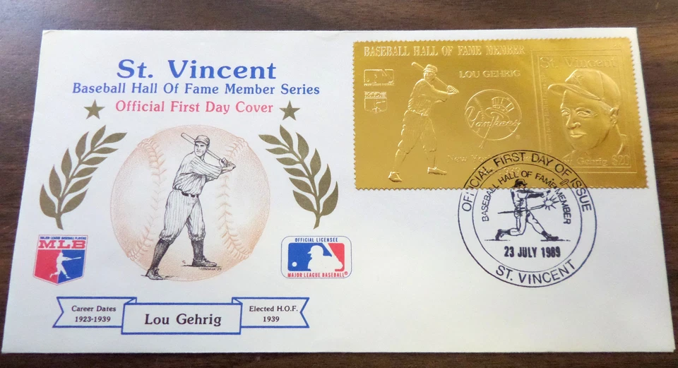 St. Vincent - Gold Foil - BASEBALL FDC  HALL OF FAME LOU GEHRIG 1989 - Image 1 of 1