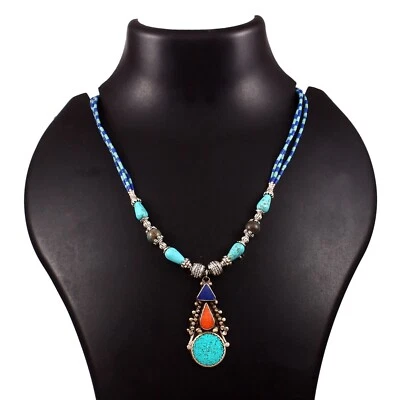 Turquoise, Lapis Gemstone Tibetan 925 Sterling Silver Necklace Jewelry 18 inch - Image 1 of 4