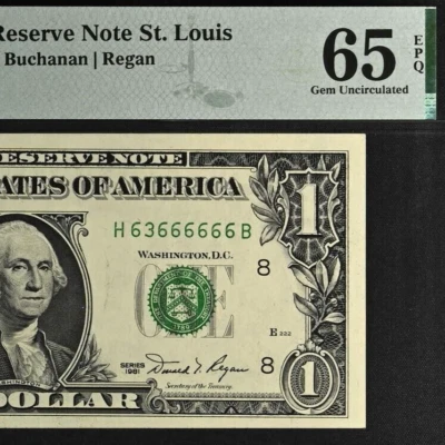 1981 $1 Federal Reserve Note PMG 65EPQ gem near solid serial number 63666666 - Image 1 of 3