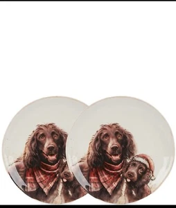 Southern Living Santa Paws Boykin Spaniel Accent Plates 8 3/8" New Set Of 2 - Picture 1 of 2