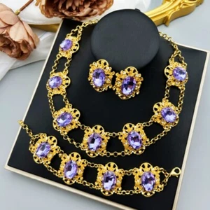 Vintage Lila Glas Elliptisch Schmuck Set Halskette Ohrringe Armband - Bild 1 von 9