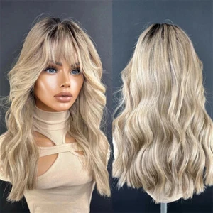 Wigs for Women Ombre Ash Honey Blonde Wig with Bangs 100% Human Hair None Lace - Picture 1 of 10