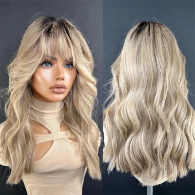 Ombre Ash Blonde Wig with Bangs 100% Remy Human Hair Machined Made - Image 1 of 4