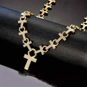 Egyptian Ankh Cross Pendant Cubic Zirconia Pendant & Iced Chain Hip Hop Necklace - Picture 1 of 12