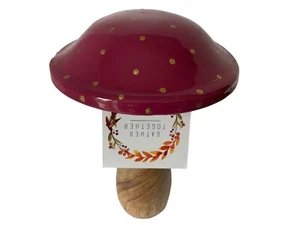 Hand Crafted Wood Mushroom with Hand Painted Top Magenta with Gold Dots  7.5" - Picture 1 of 7