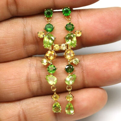 925 Sterling Silver Green Peridot, Diopside, Citrine & Sapphire Earrings - Image 1 of 4