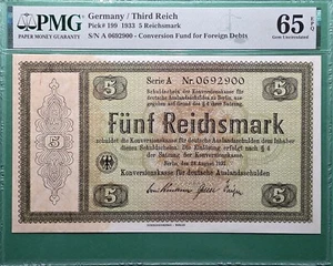 1933 GERMANY THIRD REICH 5 REICHSMARK P# 199 PMG 65 EPQ GEM UNC - Picture 1 of 2