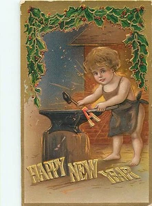 HAPPY NEW YEAR - BOY BLACKSMITH FORGES LETTERS - EMBOSSED OLD POSTCARD - Picture 1 of 2